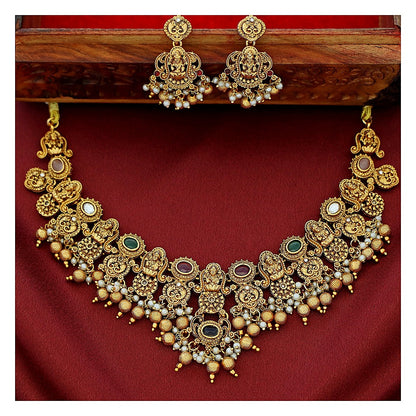 Bridal Short Neckpiece Set with Earrings - Gold-Toned