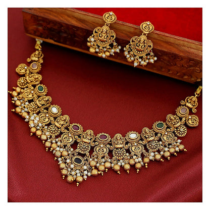 Bridal Short Neckpiece Set with Earrings - Gold-Toned
