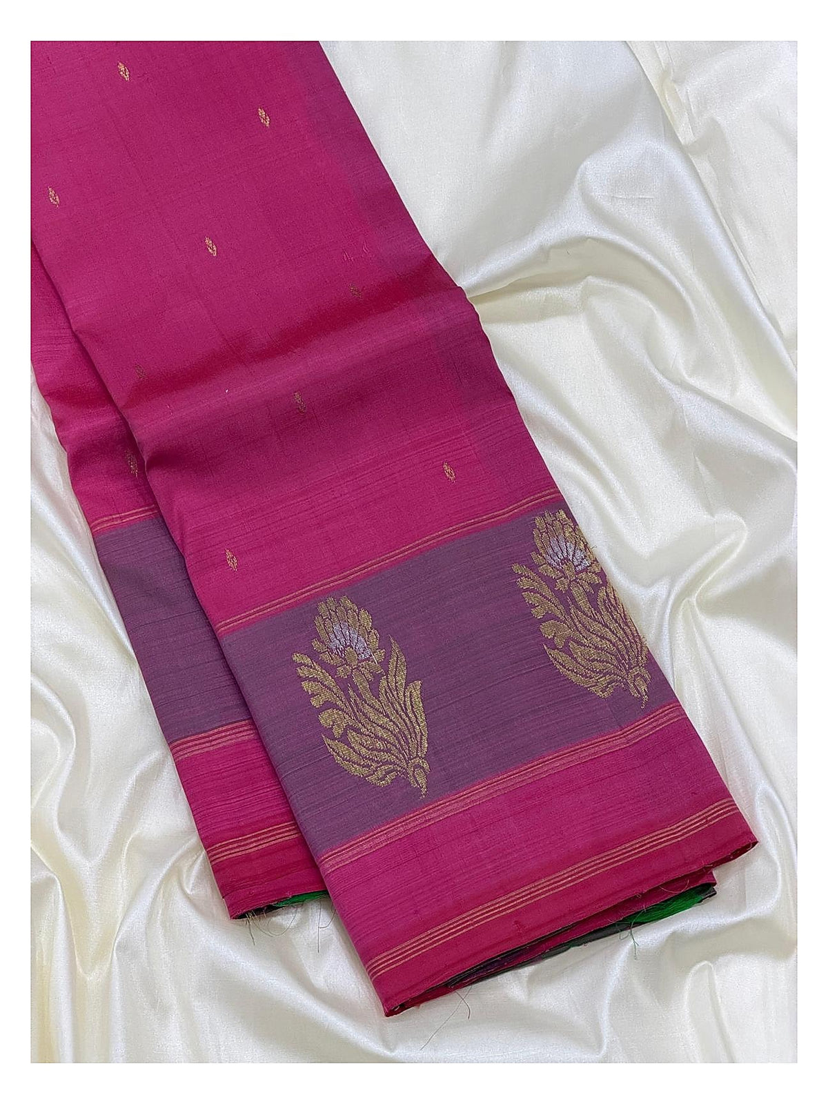 Bright Pink Budget Handwoven Kanchipuram Silk Saree with Violet Floral Zari Border