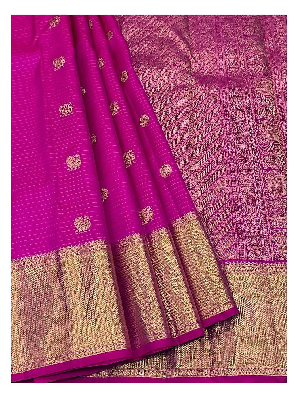Bright Pink Fuchsia Handwoven Kanchipuram Silk Saree with Gold Peacock Butta Motifs and Broad Zari Border front view