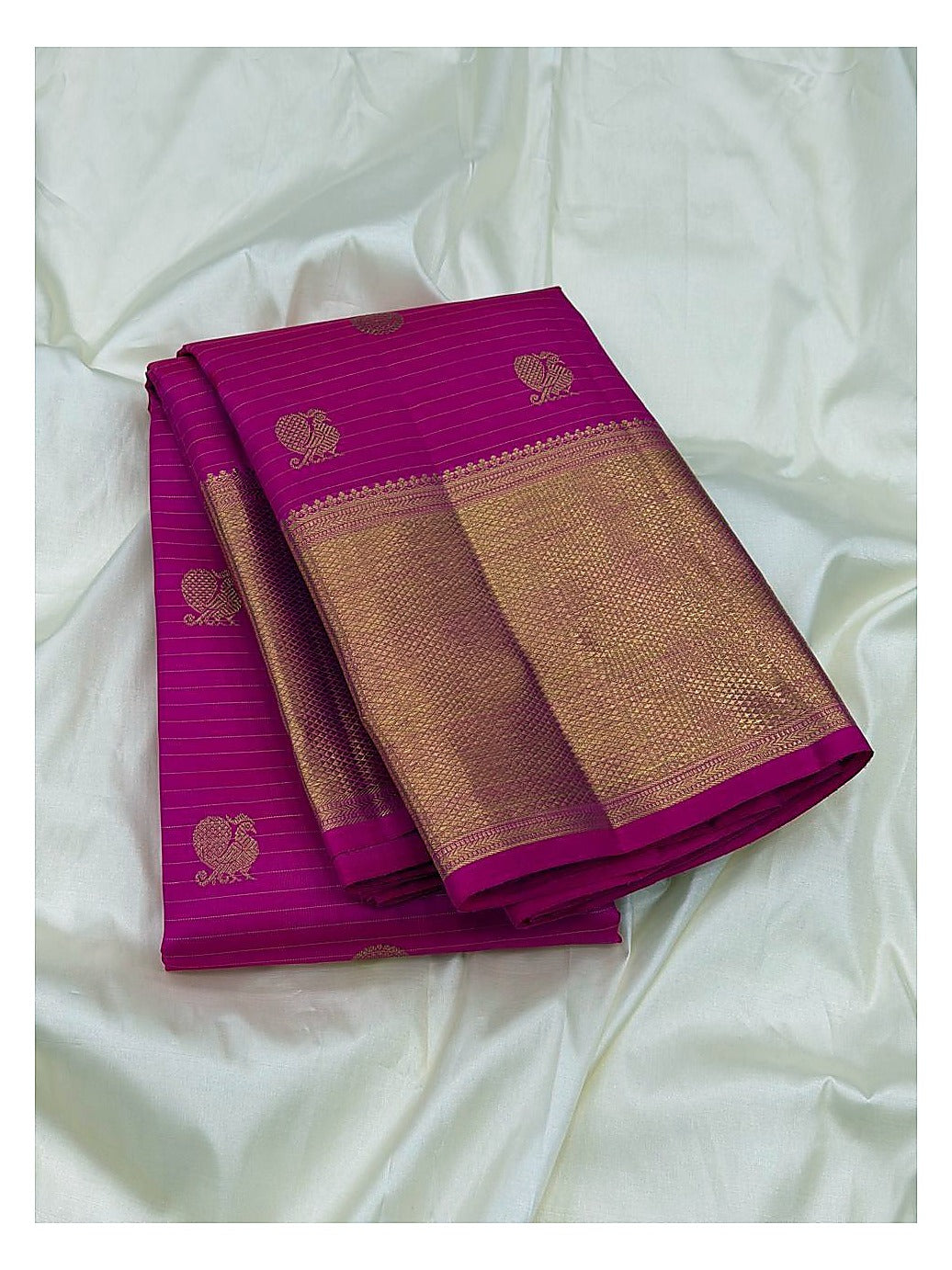 Bright Pink Fuchsia Handwoven Kanchipuram Silk Saree with Gold Peacock Butta Motifs and Broad Zari Border