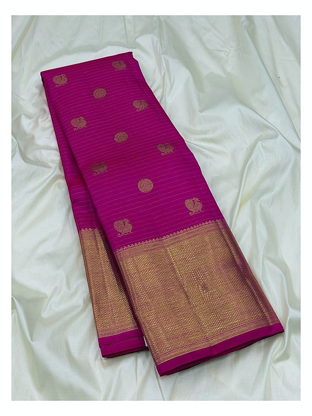 Bright Pink Fuchsia Handwoven Kanchipuram Silk Saree with Gold Peacock Butta Motifs and Broad Zari Border