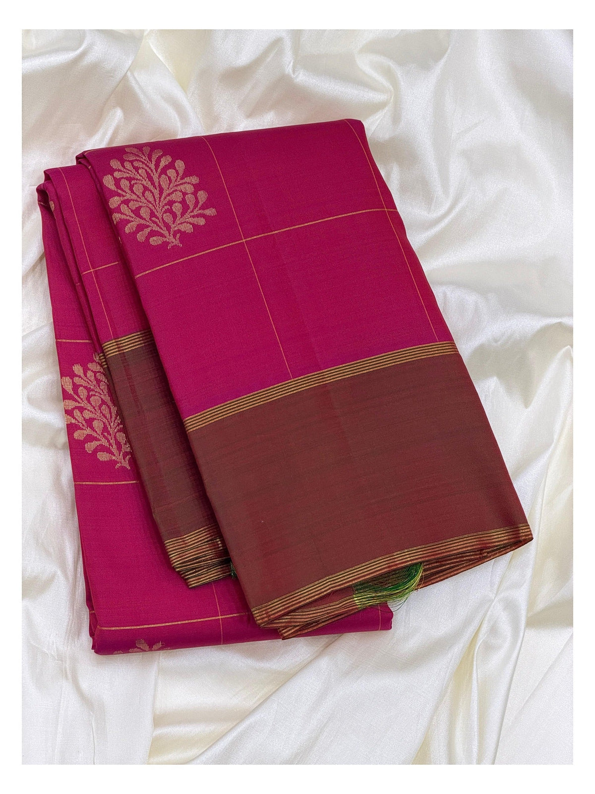 Bright Pink Handwoven Kanchipuram Silk Saree with Gold Butta Checks and Copper Brown Border front view