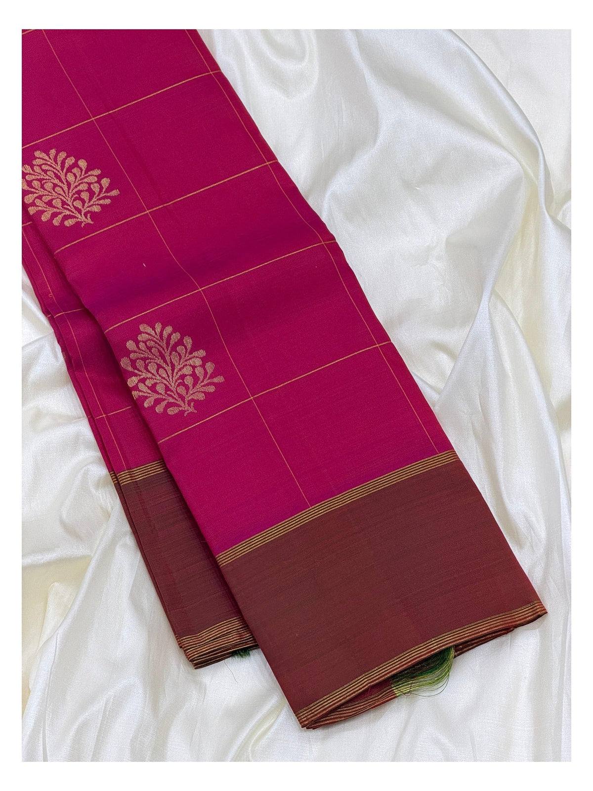 Bright Pink Handwoven Kanchipuram Silk Saree with Gold Butta Checks and Copper Brown Border