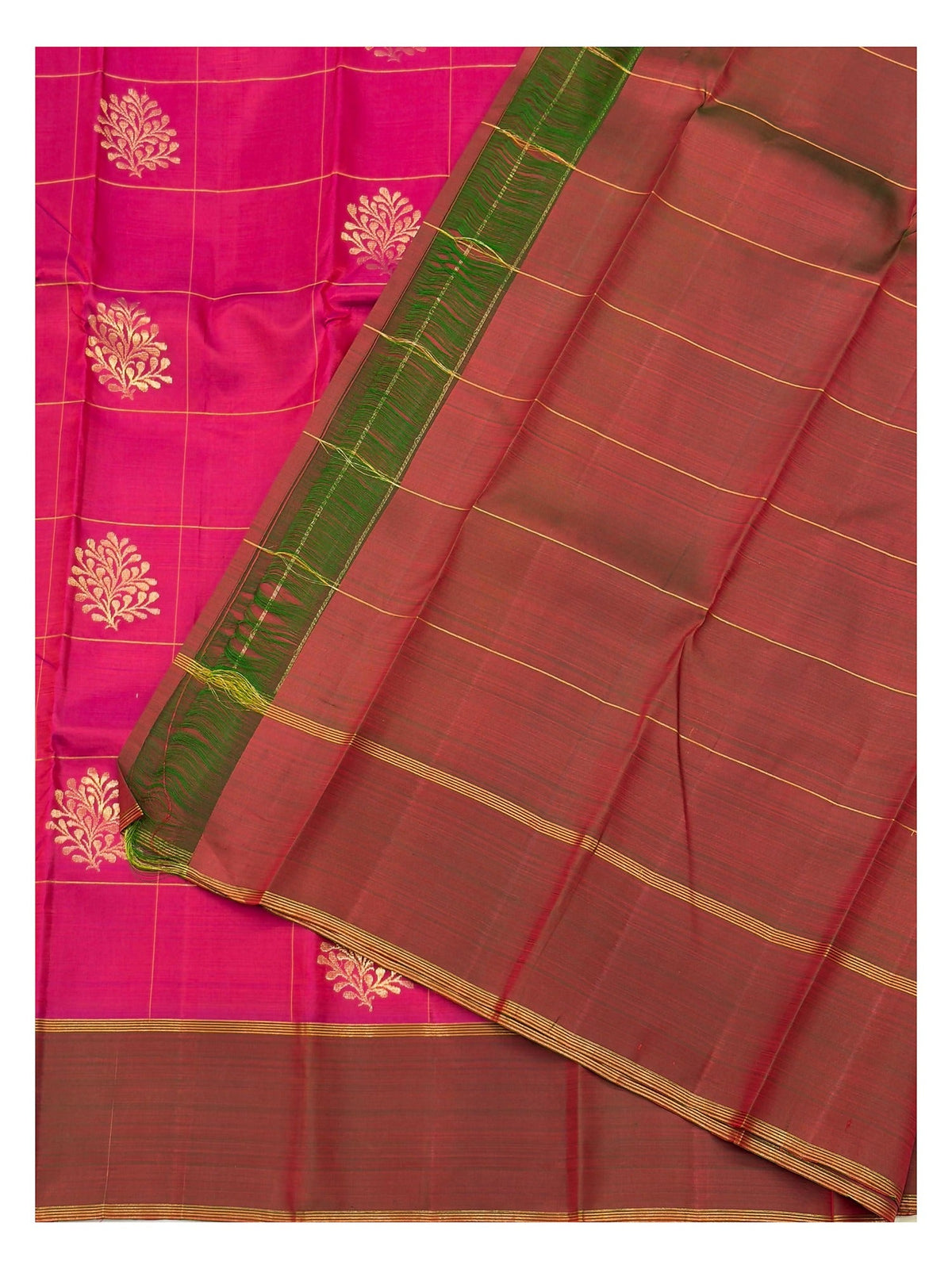 Bright Pink Handwoven Kanchipuram Silk Saree with Gold Butta Checks and Copper Brown Border