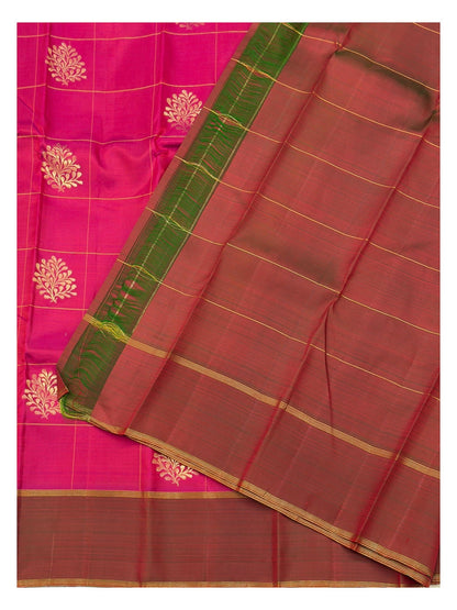 Bright Pink Handwoven Kanchipuram Silk Saree with Gold Butta Checks and Copper Brown Border