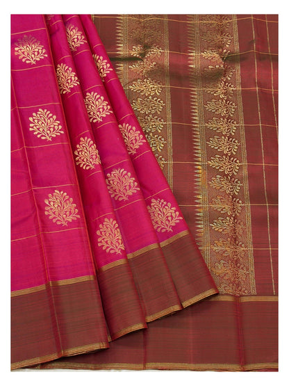 Bright Pink Handwoven Kanchipuram Silk Saree with Gold Butta Checks and Copper Brown Border