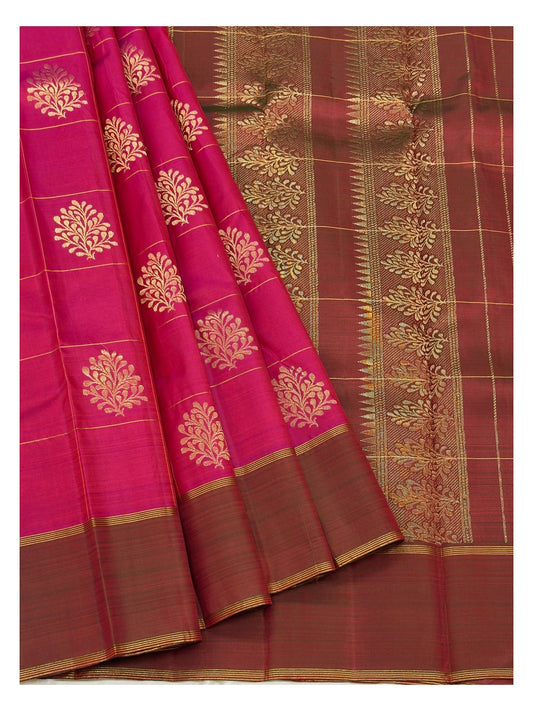 Bright Pink Handwoven Kanchipuram Silk Saree with Gold Butta Checks and Copper Brown Border