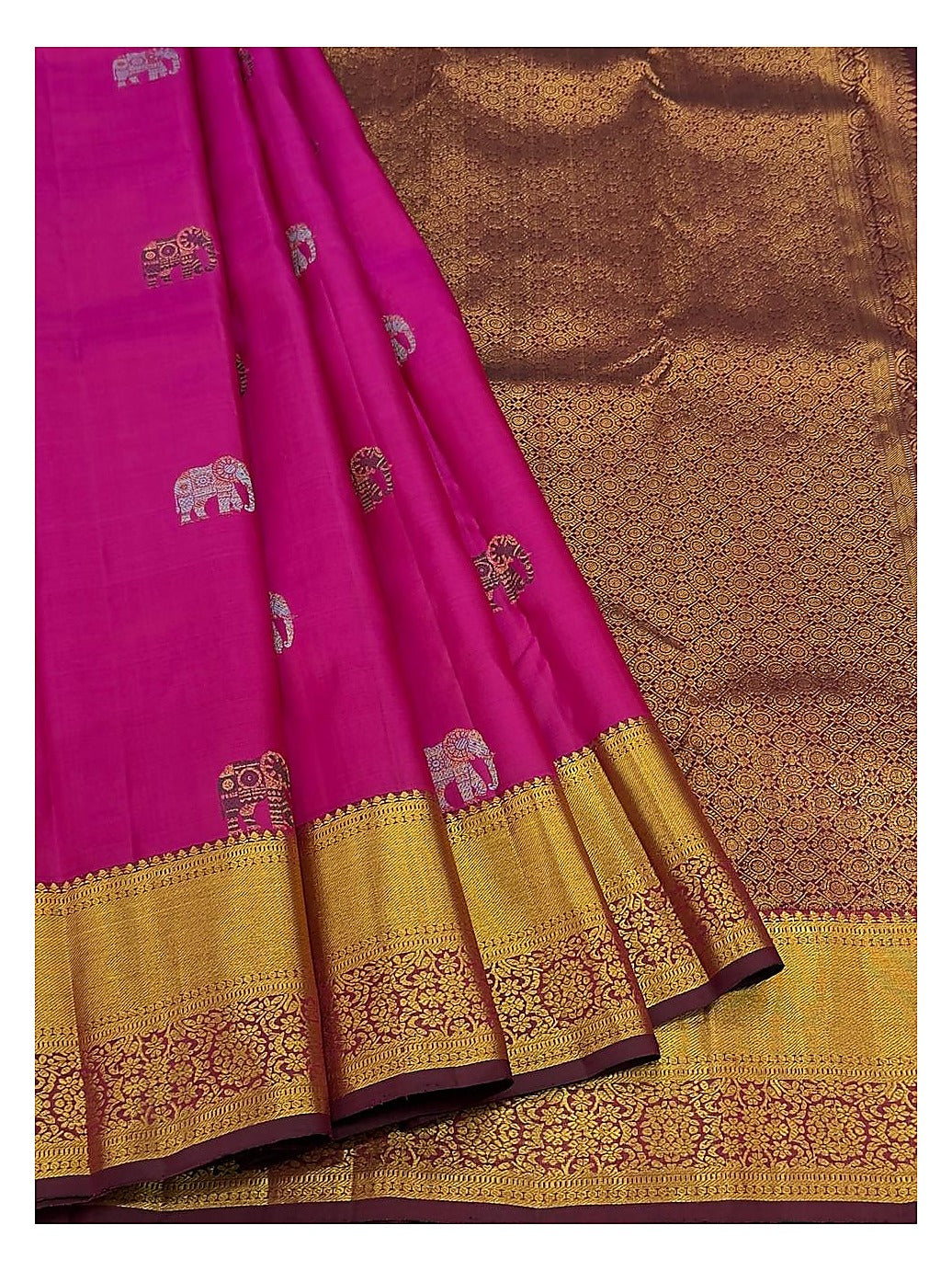 Bright Pink Handwoven Kanchipuram Silk Saree with Gold Elephant Motifs and Floral Gold Border front view