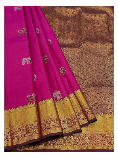 Bright Pink Handwoven Kanchipuram Silk Saree with Gold Elephant Motifs and Floral Gold Border front view