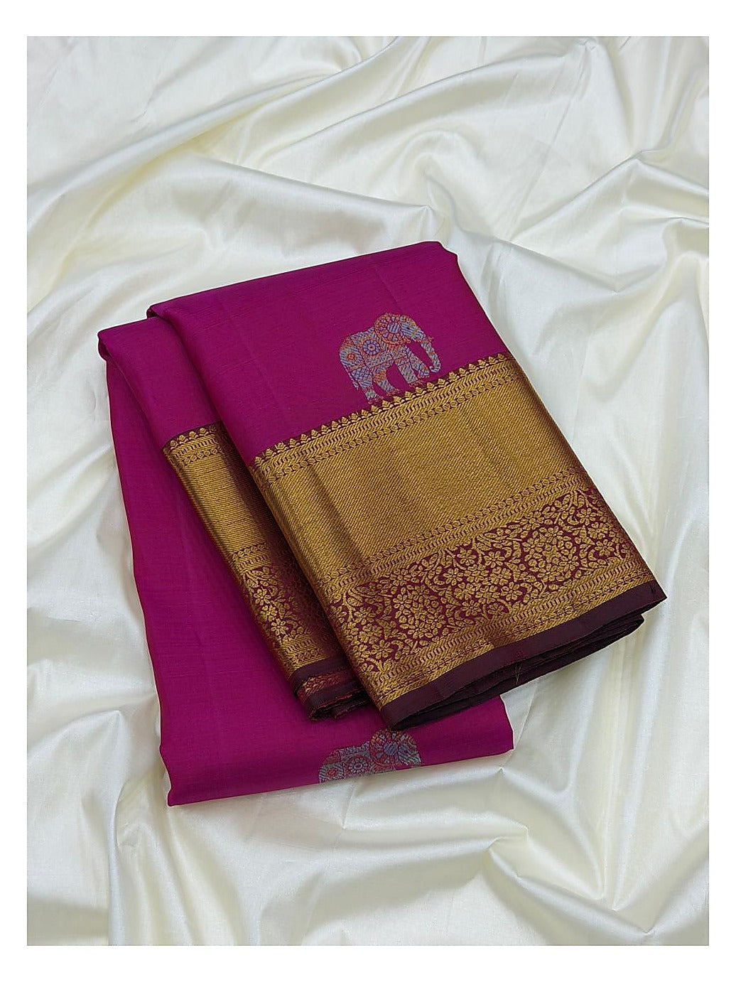 Bright Pink Handwoven Kanchipuram Silk Saree with Gold Elephant Motifs and Floral Gold Border