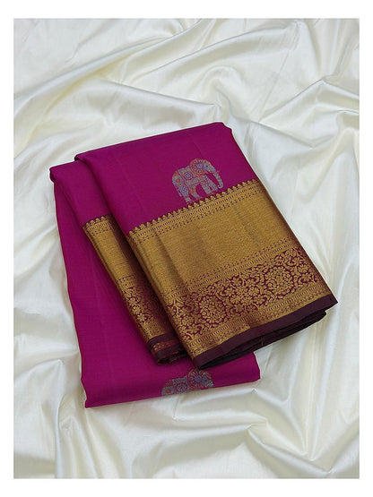 Bright Pink Handwoven Kanchipuram Silk Saree with Gold Elephant Motifs and Floral Gold Border