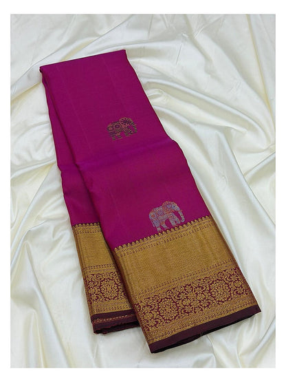 Bright Pink Handwoven Kanchipuram Silk Saree with Gold Elephant Motifs and Floral Gold Border