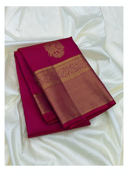 Bright Pink Handwoven Kanchipuram Silk Saree with Gold Elephant Motifs and Rich Woven Pallu front view