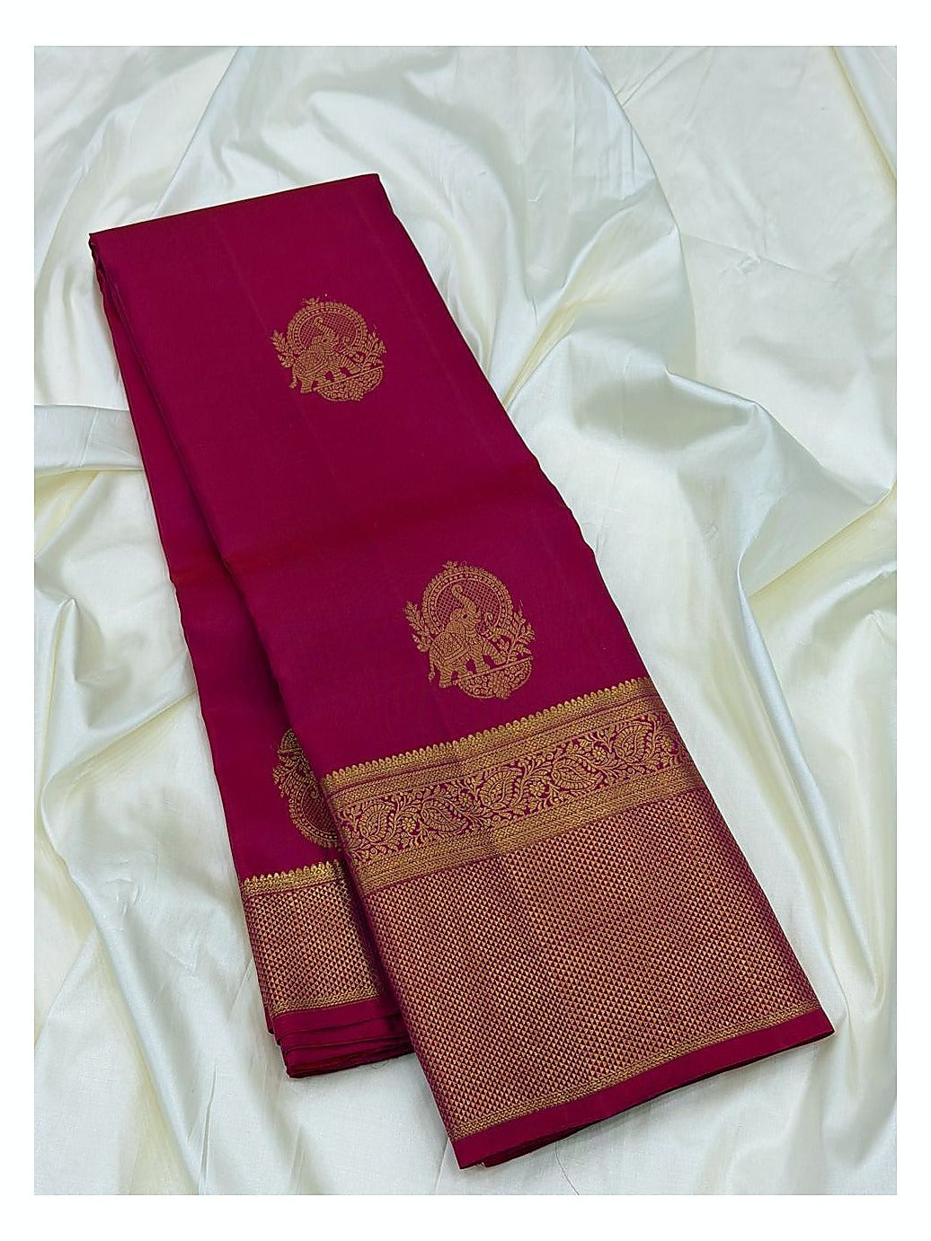 Bright Pink Handwoven Kanchipuram Silk Saree with Gold Elephant Motifs and Rich Woven Pallu