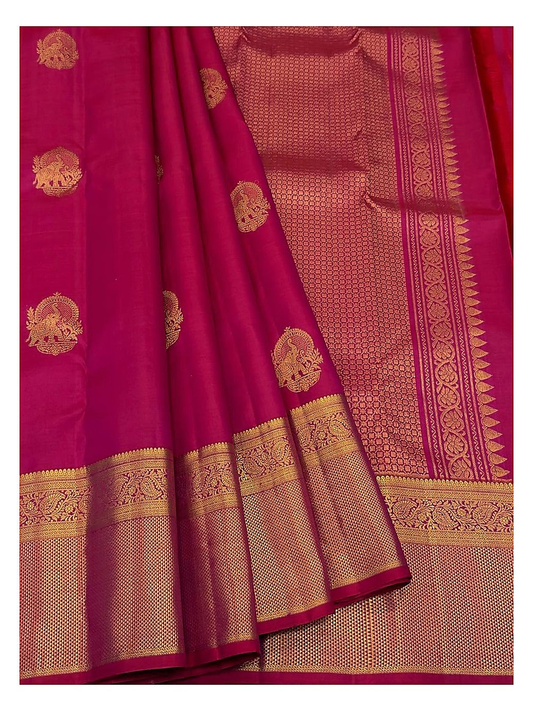 Bright Pink Handwoven Kanchipuram Silk Saree with Gold Elephant Motifs and Rich Woven Pallu