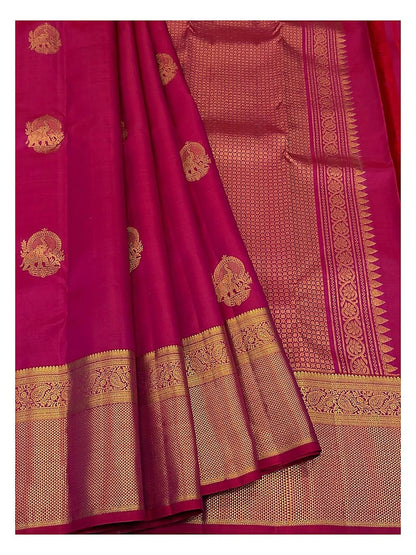 Bright Pink Handwoven Kanchipuram Silk Saree with Gold Elephant Motifs and Rich Woven Pallu