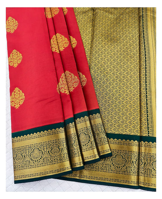 Bright Red Semi Silk Saree with Green Contrast Pallu and Broad Gold Zari Border front view