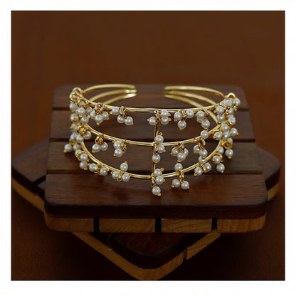 Cluster Pearl Bangle - Gold Tone Three Layer Open Cuff front view