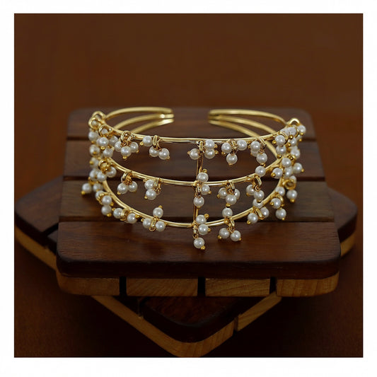 Cluster Pearl Bangle - Gold Tone Three Layer Open Cuff front view