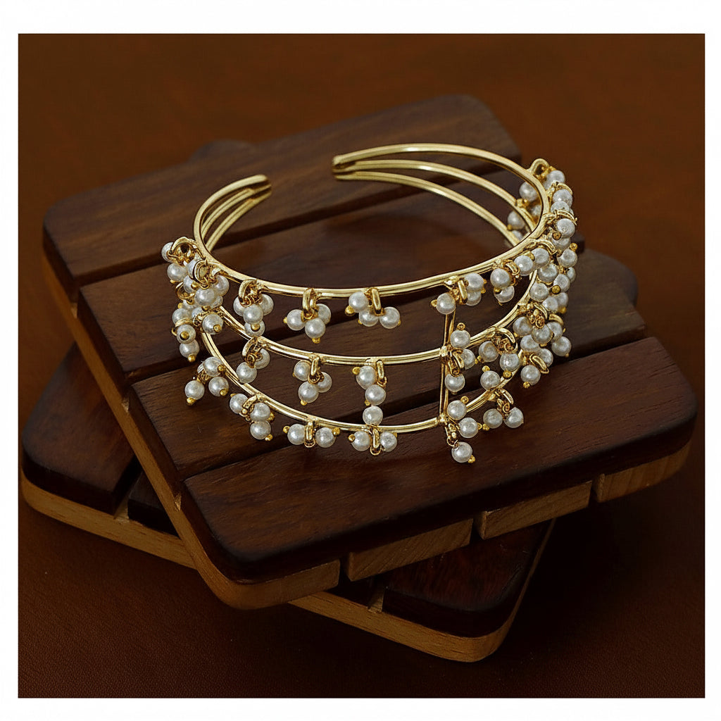 Cluster Pearl Bangle - Gold Tone Three Layer Open Cuff