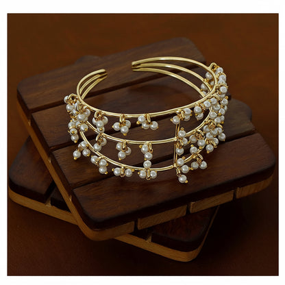 Cluster Pearl Bangle - Gold Tone Three Layer Open Cuff