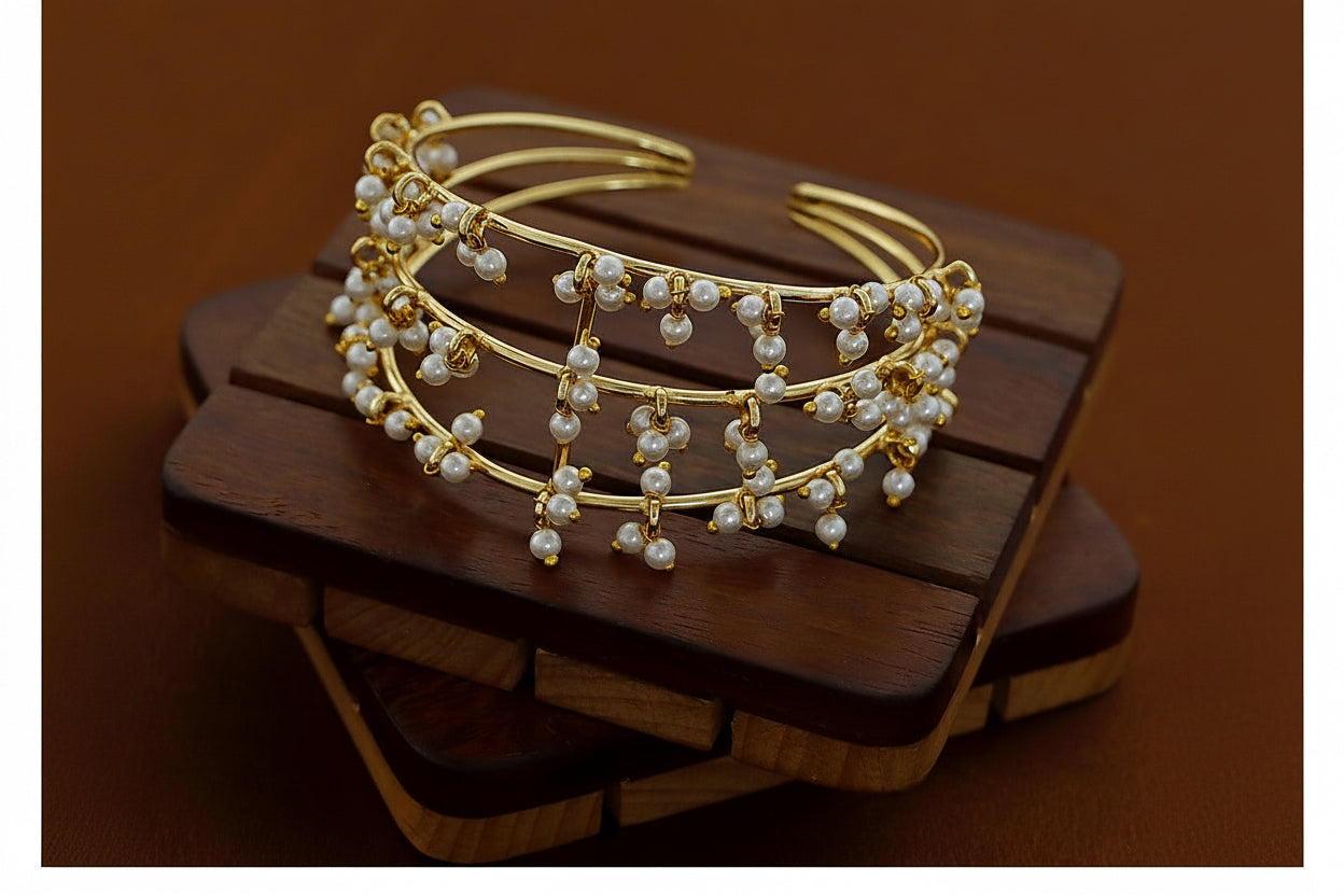 Cluster Pearl Bangle - Gold Tone Three Layer Open Cuff