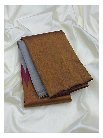 Copper Gold Handwoven Kanchipuram Silk Saree with Rose Pink Pallu and Silver Grey Contrast front view