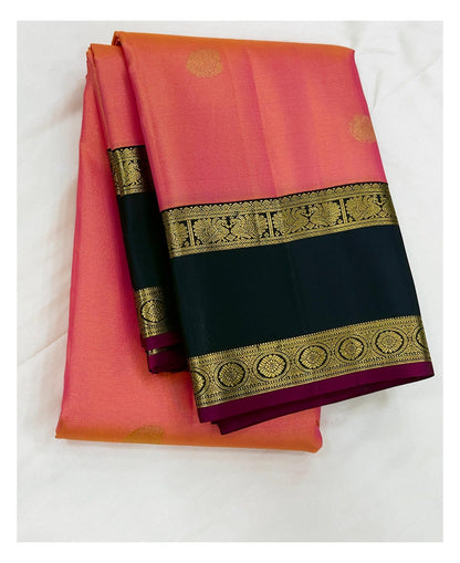 Coral Pink Handwoven Kanchipuram Silk Saree with Olive Green Pallu front view