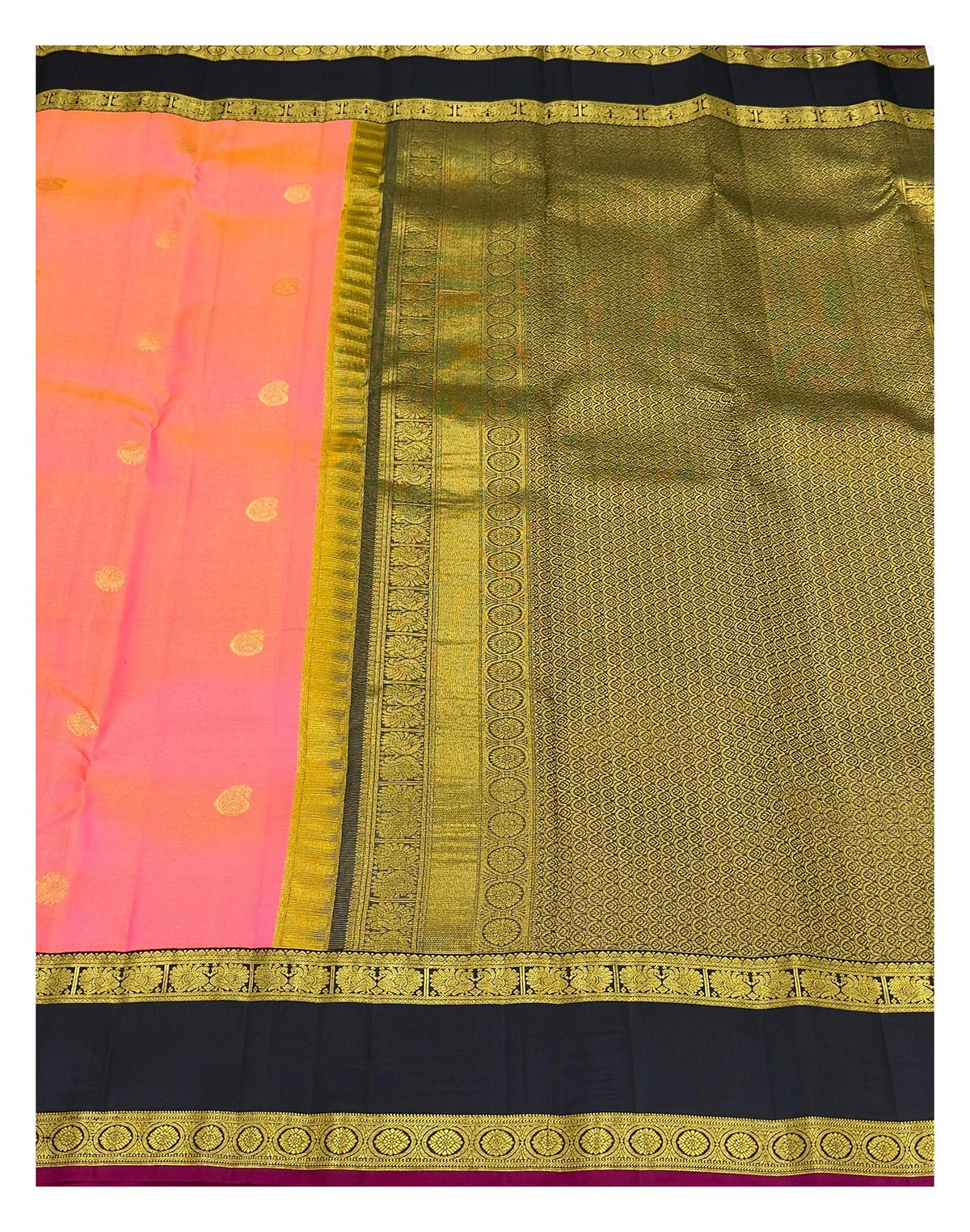 Coral Pink Handwoven Kanchipuram Silk Saree with Olive Green Pallu
