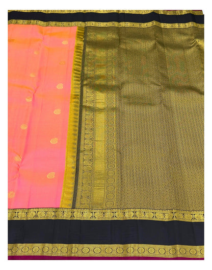 Coral Pink Handwoven Kanchipuram Silk Saree with Olive Green Pallu