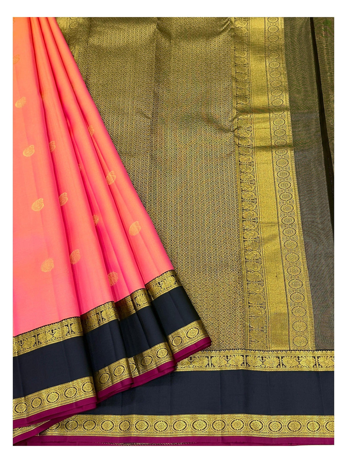 Coral Pink Handwoven Kanchipuram Silk Saree with Olive Green Pallu