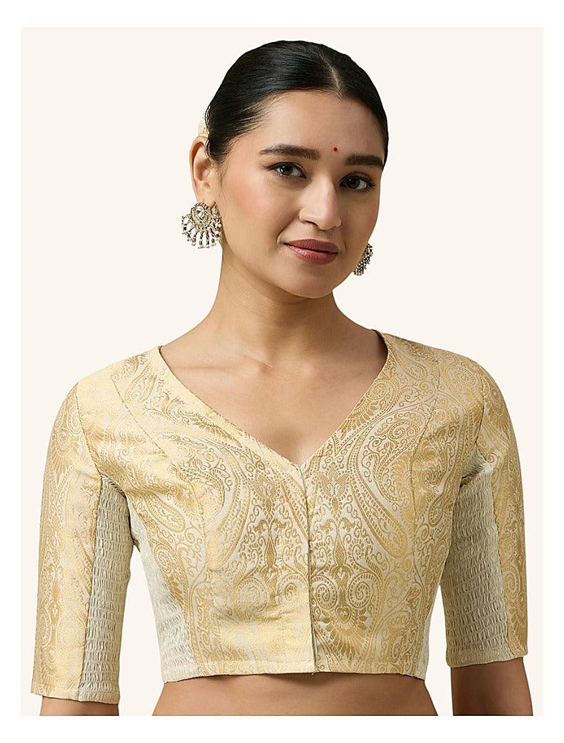 Cream Benaras Brocade Readymade Blouse - V Neck Elbow Sleeves front view