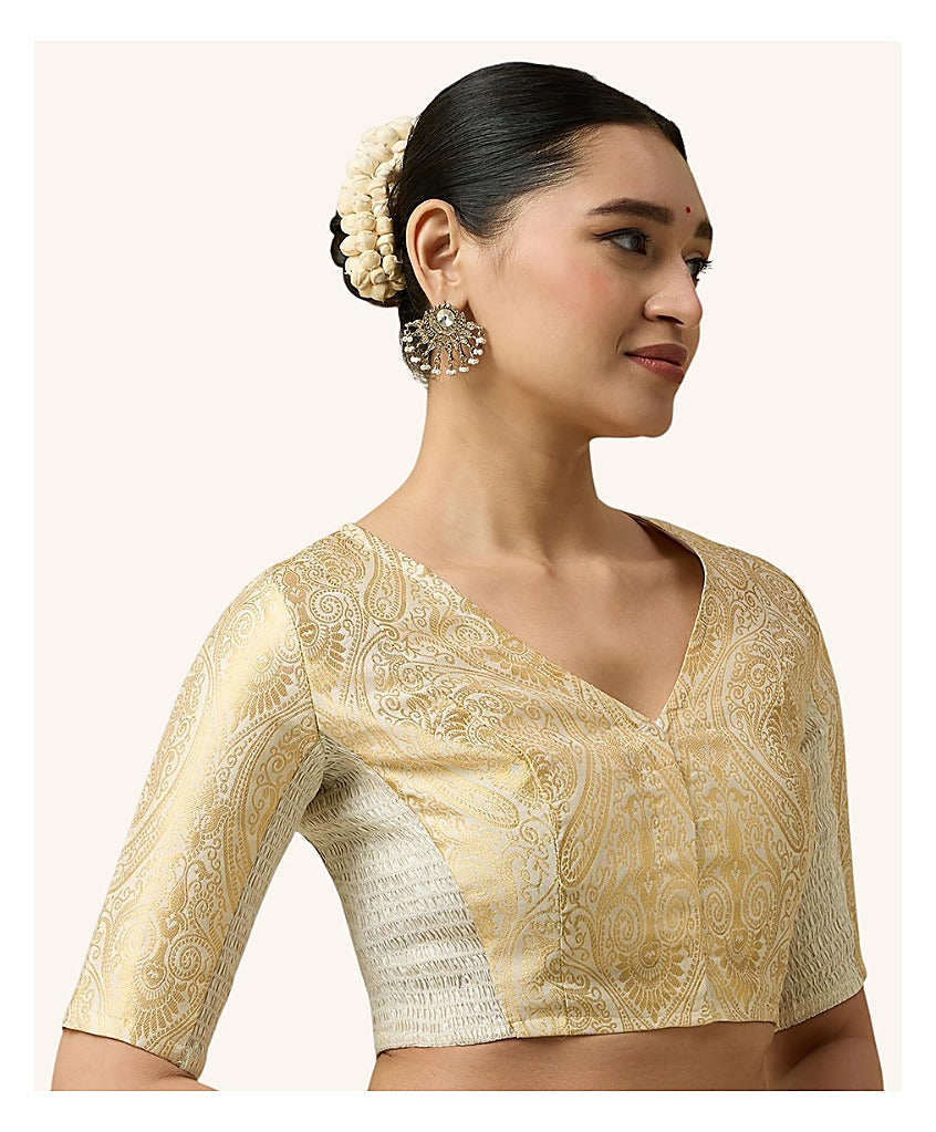 Cream Benaras Brocade Readymade Blouse - V Neck Elbow Sleeves