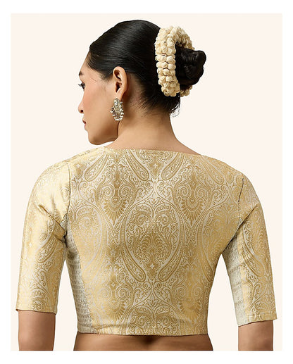 Cream Benaras Brocade Readymade Blouse - V Neck Elbow Sleeves