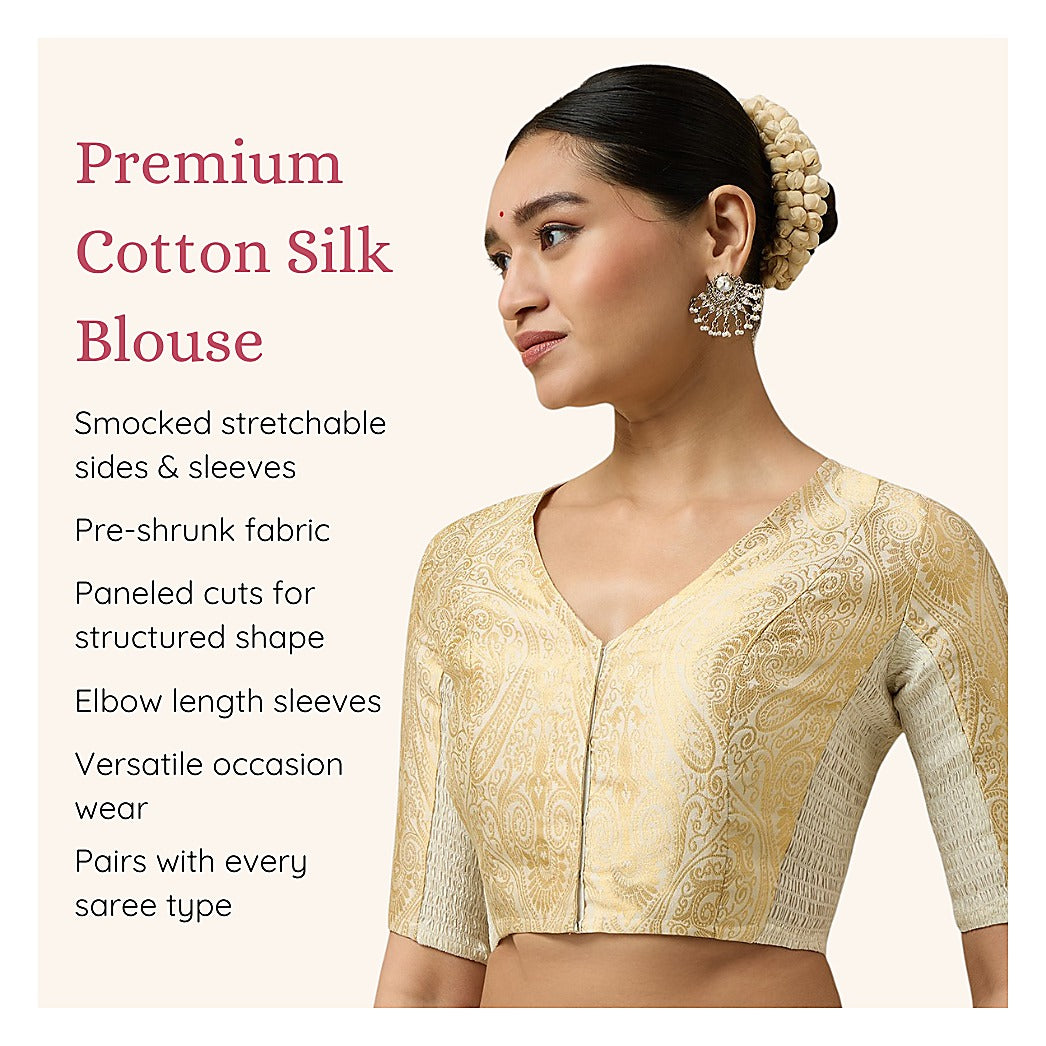 Cream Benaras Brocade Readymade Blouse - V Neck Elbow Sleeves