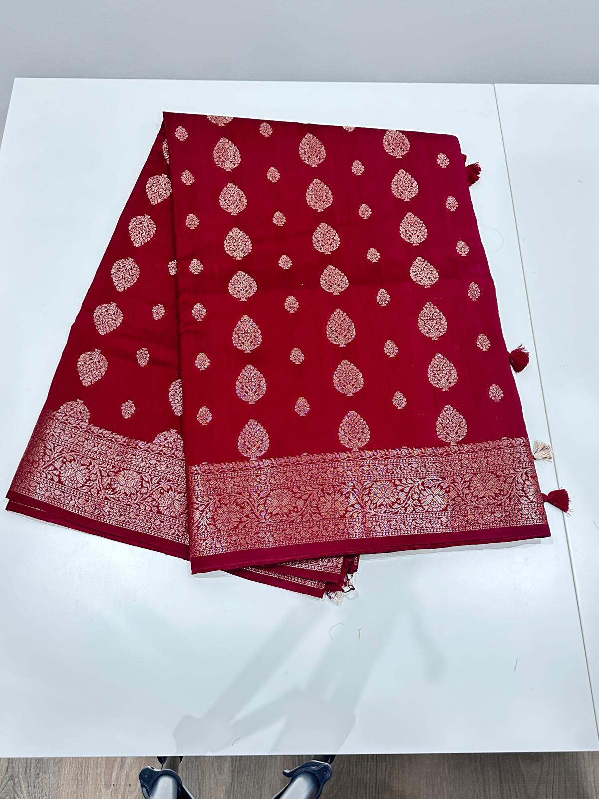Maroon Fancy Chiniya silk saree with rich brocade pallu