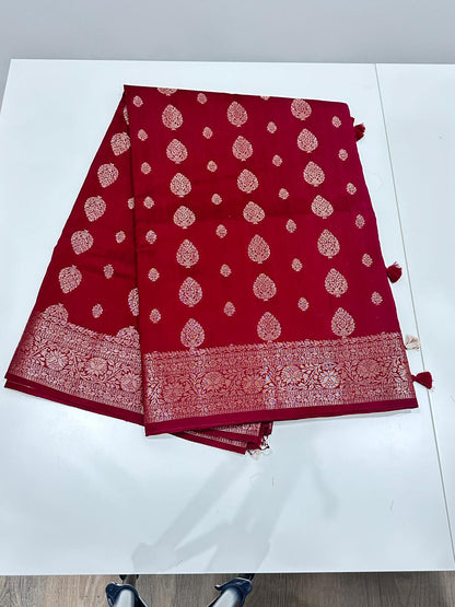Maroon Fancy Chiniya silk saree with rich brocade pallu