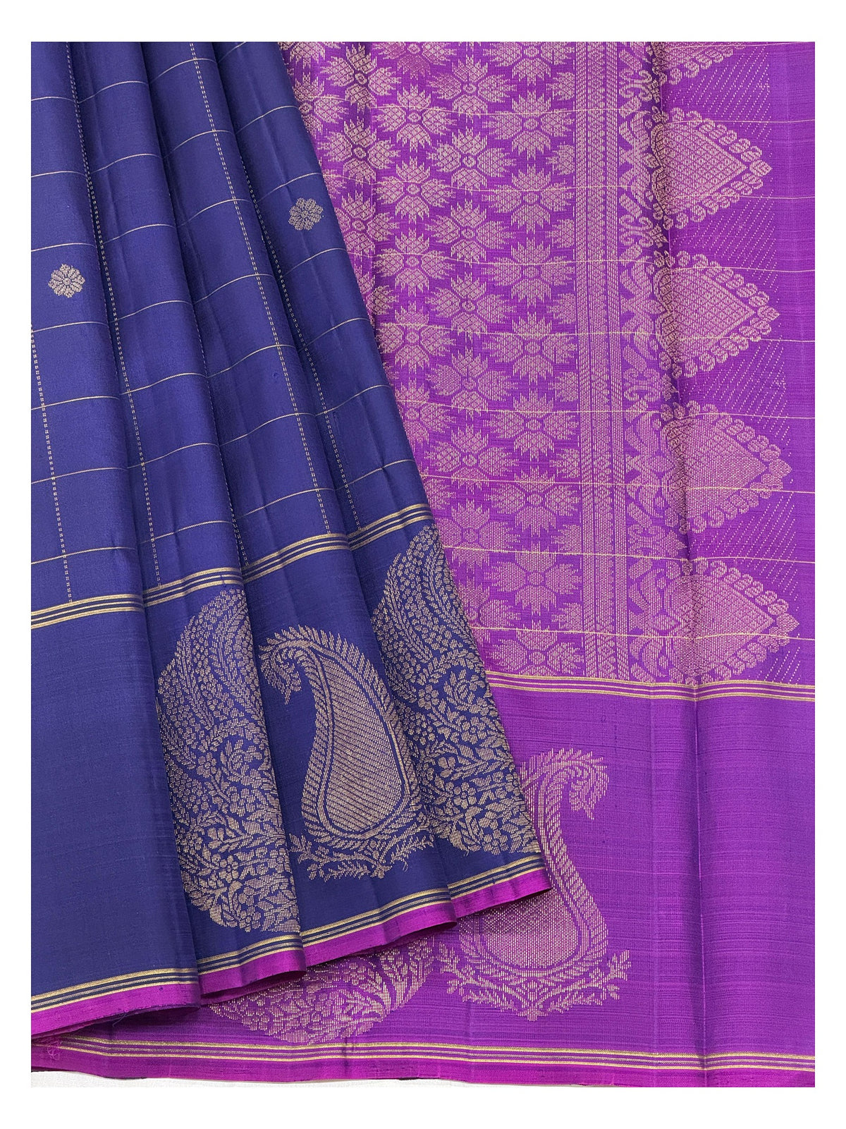 Deep Cobalt Blue Handwoven Kanchipuram Silk Saree with Gold Butta Checks and Violet Pink Contrast Pallu front view