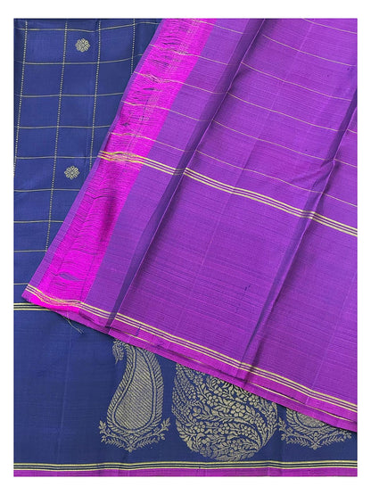 Deep Cobalt Blue Handwoven Kanchipuram Silk Saree with Gold Butta Checks and Violet Pink Contrast Pallu