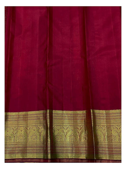 Deep Coral Pink Handwoven Kanchipuram Silk Saree with Floral Panel Weave and Broad Elephant Zari Border