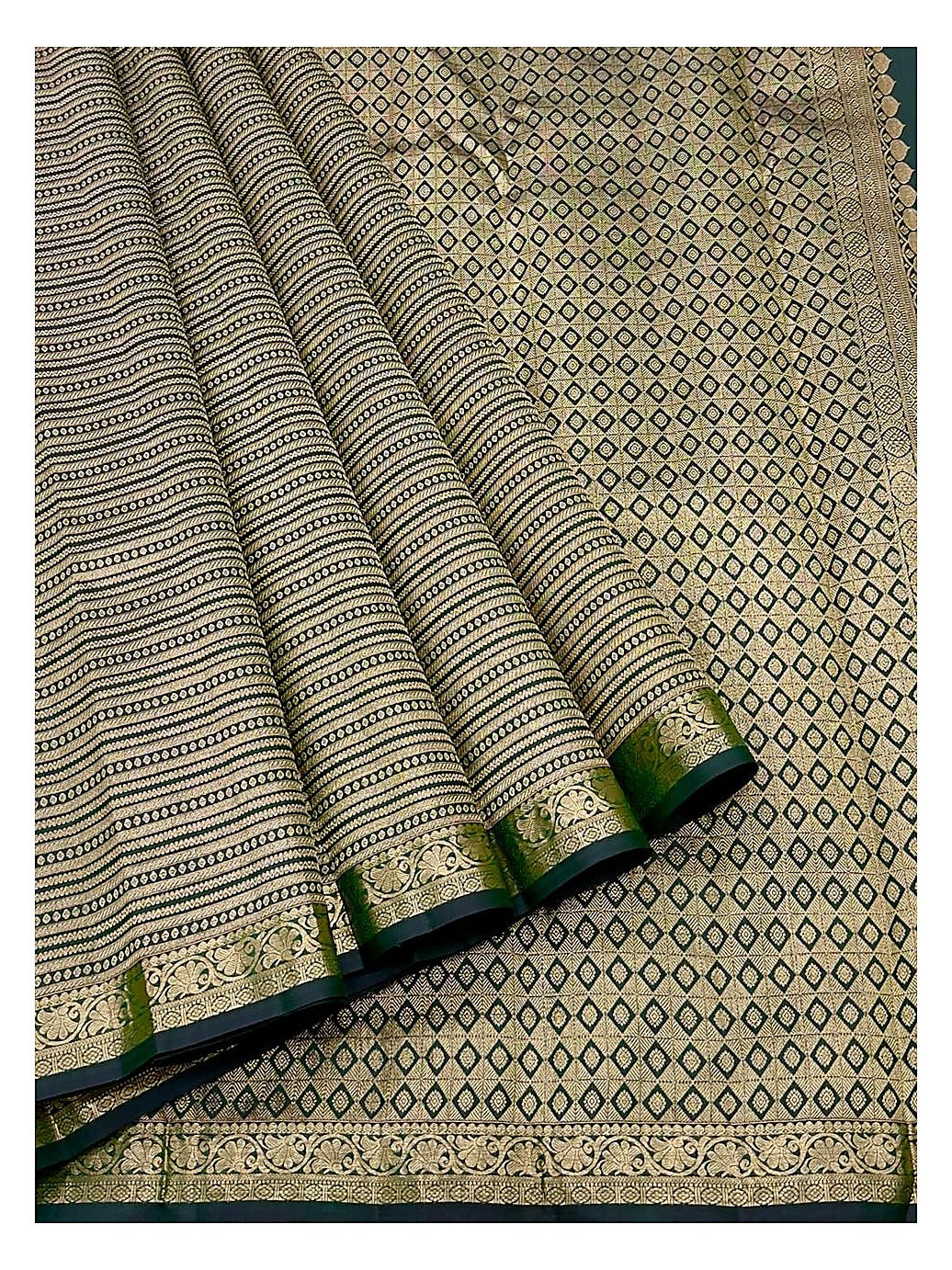 Deep green Kanchipuram silk saree with diamond-pattern pallu and floral border