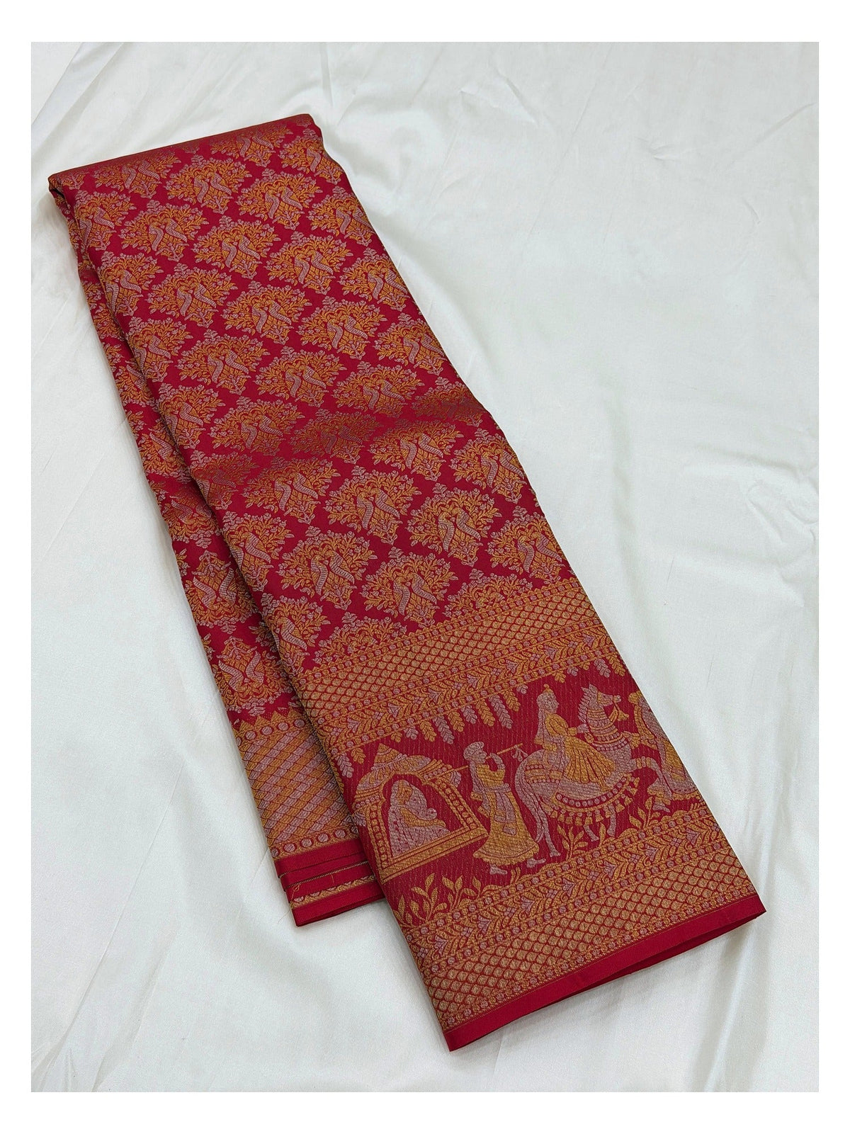 Deep Magenta Handwoven Kanchipuram Silk Saree with Gold Bird Motifs and Broad Figurative Pallu