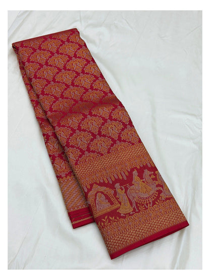 Deep Magenta Handwoven Kanchipuram Silk Saree with Gold Bird Motifs and Broad Figurative Pallu