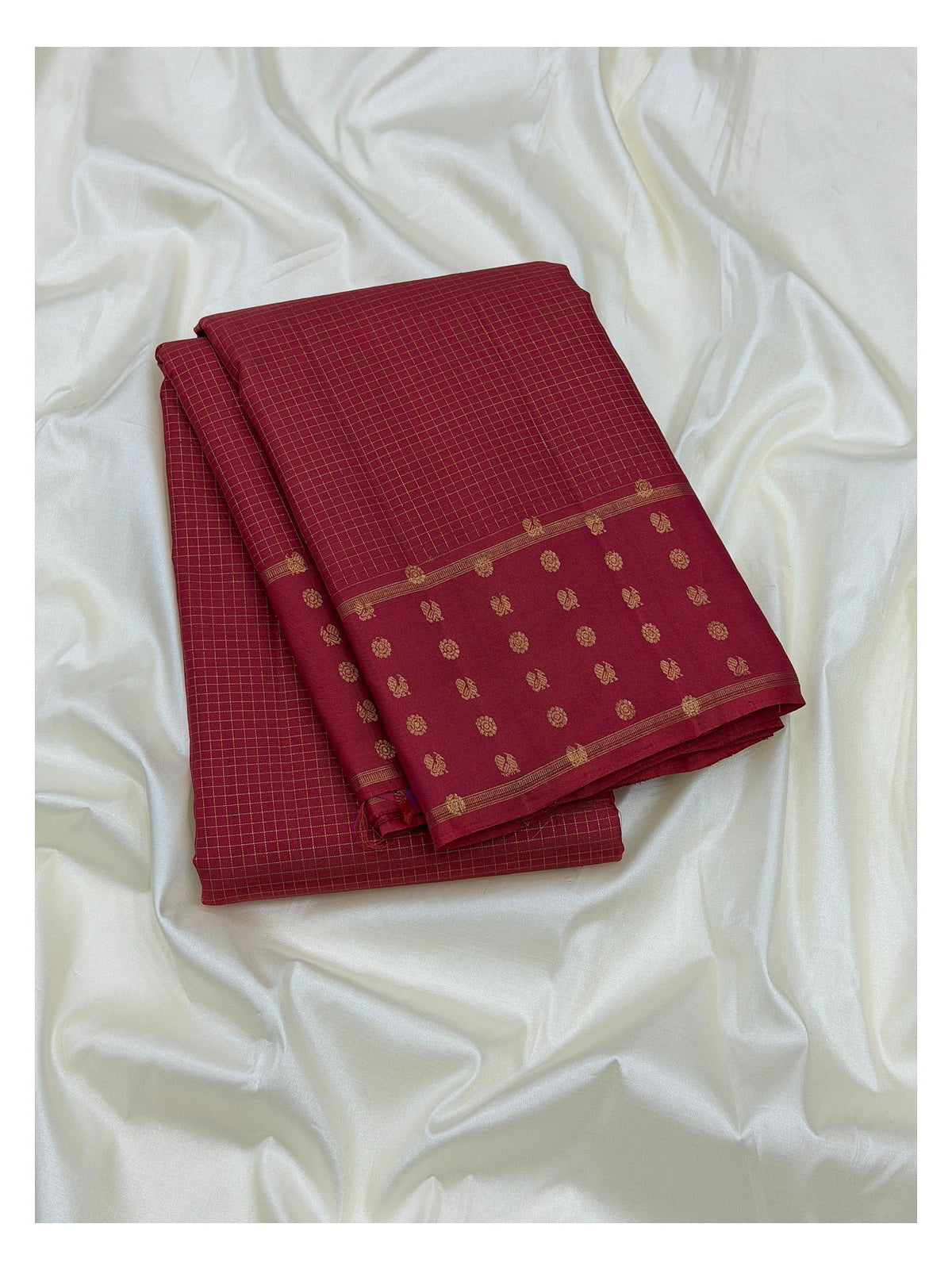 Deep Maroon Handwoven Kanchipuram Silk Saree with Gold Checks front view