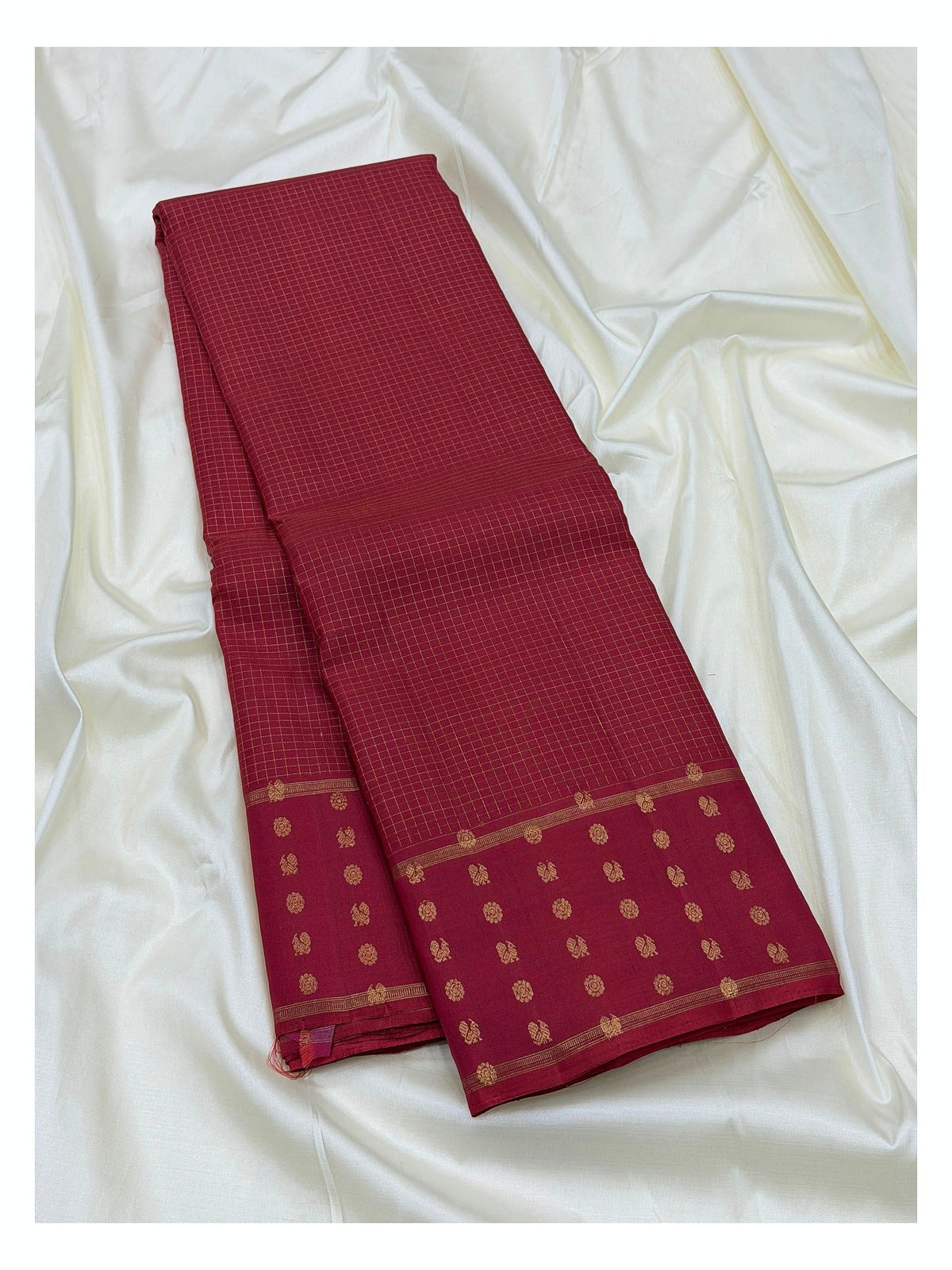 Deep Maroon Handwoven Kanchipuram Silk Saree with Gold Checks