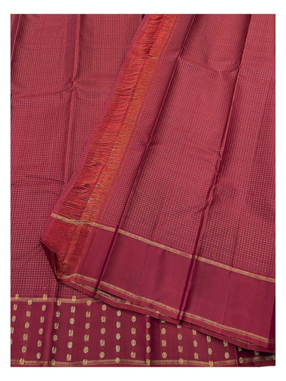 Deep Maroon Handwoven Kanchipuram Silk Saree with Gold Checks