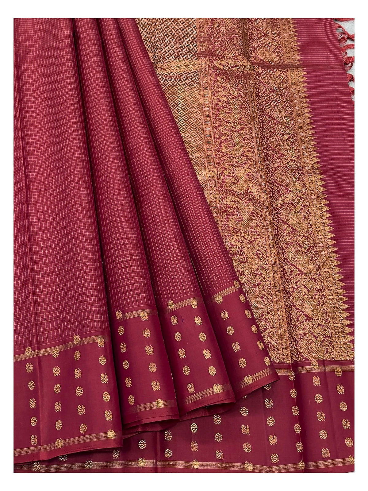 Deep Maroon Handwoven Kanchipuram Silk Saree with Gold Checks