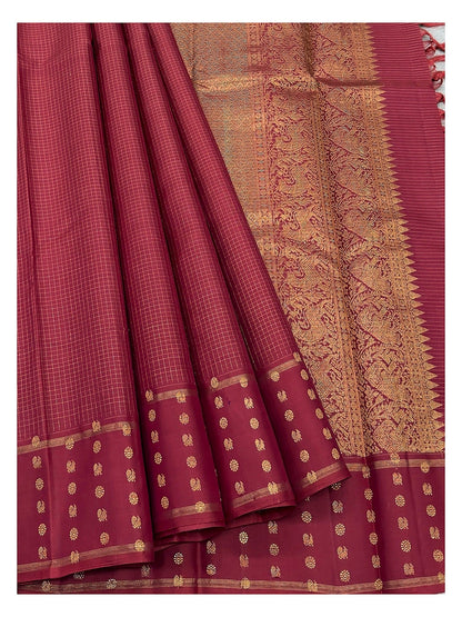 Deep Maroon Handwoven Kanchipuram Silk Saree with Gold Checks