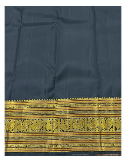 Deep Navy Handwoven Kanchipuram Silk Saree with Gold Buttas and Ornate Zari Border